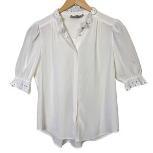 Go by GoSilk Womens Blouse Medium Ivory Washable White Eyelet Ruffle Snap Button